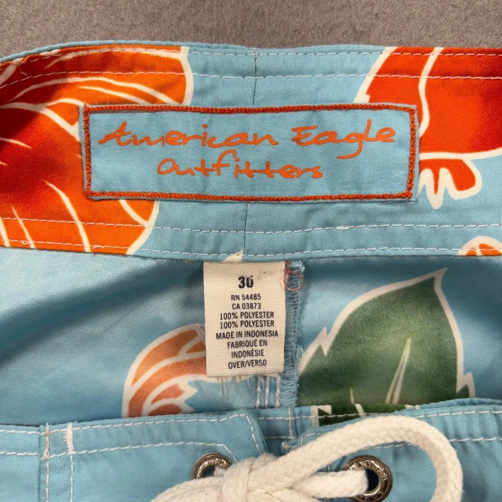 American Eagle Board Shorts Mens 30 Blue Tropical Hibiscus Floral Swim Trunks
